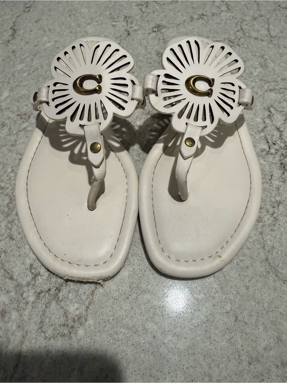 Coach Julia Sandal size 5.5 White Floral Cutout Thong Sandals with Gold Accent